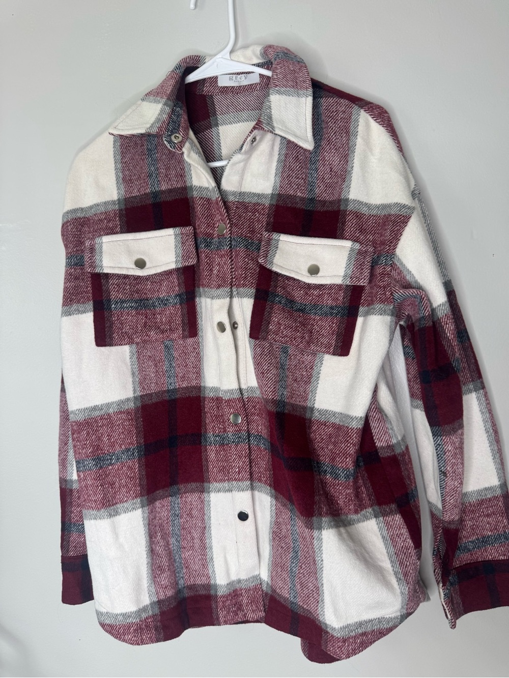 Women's Plaid Button-Front Shacket - Burgundy and Cream